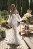 Romantic Mermaid Flowers Wedding Dress Long Sleeve Corset Lace Country Bridal Gowns Sweetheart Off Shoulder 3D Floral Boho Bride Dresses 2022 Robe