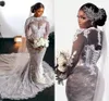 En dator långärmad sjöjungfru bröllopsklänningar full applique abito da sposa vintage lace-up corset afrikansk aso ebi brud klänning klänning