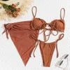 3Pcs Women Bikini Slim Beachwear Sexy Small Chest Swimsuit Bathing Suit Cover Gathered Wrap Swimming Bathing Suit with Cover Ups Y220420