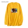 Wavlatii 여성 패션 아트 프린트 긴 소매 Tshirts 여성 100%면 노란색 캐주얼 스프링 티 탑 WLT2126 220511