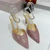Damer 2022 Satin High Heels Sandaler Point Toe Crystal Ankle Strap Women's Pumps Bling Highs Heel Party Wedding Shoes S s
