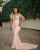 2022 Plus size Arabische Aso Ebi Mermaid Luxe roze prom -jurken Sheer Neck Evening Formele feest tweede receptie verjaardag verlovingsjurken jurk zj795