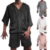 Men's Tracksuits cotton linen loose leisure two piece suit pure color casual summer Refreshing V-neck short shirt+breeches Elastic lace pirate shorts S-3XL Sports Set