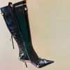 Cagole Lambskin Leather膝 - ハイブーツスタッドバックル装飾されたサイドジップシューズ先のつま先スティレットヒールトールブーツ高級デザイナー靴女性工場靴