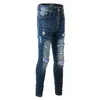 Mens jeans blauw met brief bijgesneden verontruste designer broek voor man slanke pasvorm gerepareerde lin chino stretch dunne denim tappered lange rechte rechte ritsgaten