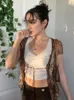 Brown Vintage Lace T Shirt Crop Top Short Sleeve See Through Sexy Mesh Woman Tshirts V Neck Up Floral Kawaii