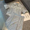 Runway Office Lady Lace Womens Mesh Crochet Summer Blouse Top Sweet Shirts Elegant High Waist Mini Skirts 2 Piece Set Suit 220817