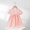 Summer Kids Girls Bow Dress Puff Sleeve Macaron Color Children Princess Dresses Clothes M4146