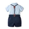 Baby Boys Summer Outfit Cotton Fashion Suit Sky Blue Romper +Navy Shorts + Suspender + Bow Tie 4 PCS Casual Set 0-24 Months G220509