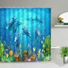 Dolphin Shower Curtain Cute Marine Animal Blue Sea Water Wave Scenery Bathroom Decoration Cloth Hanging with Hook 220429