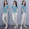 Women's Two Piece Pants Cotton Linen Casual Outfit Women 2022 Summer Loose V Neck T-Shirt Pencil Female Two-Piece SetWomen's