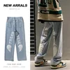 Men's Jeans Emo Men Harajuku Letter Embroidery Streetwear Alt Hip Hop Wide Leg Baggy Denim Pants Grunge Low Waist Trousers Y2k ClothesMen's