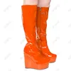 Rontic Özelleştirmek Kadınlar Kış Diz Çizmeler Patent Tam Fermuar Takozlar Topuklu Yuvarlak Ayak Pembe Kırmızı Fuşya Cosplay Ayakkabı Boyutu 35-52