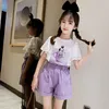 Kledingsets Tracksuit voor meisje 2022 Zomerkinderen Koreaanse cartoon o-neck top shorts 6 8 12 14 jaar oude boetiekset Thanksgiving-outfits