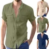 Casual shirts voor heren hoge heren shirt mannelijke vaste top dubbele zak korte mouw elegante draai kraag knop perziken scrubs menmen's