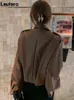 LaUtaro Spring Jackets de couro casual casual marrom curto para mulheres Drop ombro de manga longa bolsos de manga zíper Cool Corp Top 2022 L220728