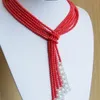 Collar de perlas de concha de 3 filas de coral rojo de 5mm anudado a mano, joyería de moda de 55 pulgadas