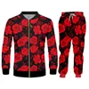 Herrspåriga 3D-män sätter byxor med tröjor 2-PCS kostym Hip Hop Red Flowers Print Floral Streetwear Drop Overizemen's