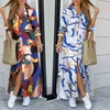 Fashion Casual Maxi Dresses 5xl Spring Autumn Designer Dress Womens Full Printing Lapel Neck kl￤der med fickan plus storlek 4xl l￥ng￤rmad kvinnakl￤der