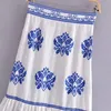 Xeasy kvinnor blå broderi linne kjol hög midja sida zip vintage sommar midi kjolar mode ruffle hem kvinnlig 220317