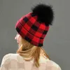 Warme Winter-Strickmütze für Damen, Karomuster, Wollmützen, neue lässige Haarballen-Pom-Ski-Outdoor-Skullies-Mütze, Mütze J220722