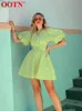OOTN Sexy vert une ligne femmes robe col rond été évider Mini robe froncé Chic mode manches bouffantes robes coton 220511