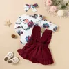 3PCS Infant Baby Girl Clothing Set Spring Summer Flying Sleeve RomperSuspender SkirtHeadband born Clothes Outfits 220808