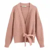 Kvinnor tröja grå beige rosa fasta KINITIONED CARTYN SASHES V-HECK Sweater Casual Loose Style Female Clothes 201203