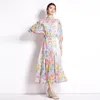 2022 Рукав из фонаря цветочные миди-платья Женщина дизайнерская мамка для рубашки с однокрай