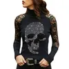 Crâne imprimé dentelle floral dames t-shirt automne forage gothique femmes blouses t-shirt hauts manches longues sexy entreprise ol 220321