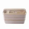 Lunch Box in paglia di grano per bambini Tuppers Contenitori per alimenti Forniture per campeggio scolastiche Stoviglie Scatole Bento a 3 strati a prova di perdite C0608X2