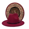 Berets Outer Solid Color Inner Leopard Wool Felt Jazz Fedora Hats With Thin Belt Buckle Men Women Wide Brim Panama CapBerets BeretsBerets