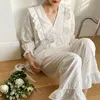 Women's Lolita Dots Pajama Sets.Stringy selvedge Tops+Long Pants.Vintage Ladies Dot Pyjamas Set.Victorian Sleepwear Loungewear 220321