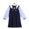 Meisjesjurken Elegant Kids Girl Bowknot Design lange mouw jurk marineblauwe kleur baby causale kleding voor leeftijd 4 5 6 7 8 9 10 11 12 13 jaarg