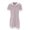 striped knitted skirt thin elastic Navy collar buttock short sleeve small dress new summer style