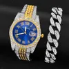 Iced Out Watch Men Luxury Brand Diamond Mens Watch Quartz Men's Watch Bracelet Set Set à prova d'água Presente de relógio de hop para homens 3y0s