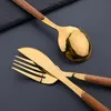 Flatware Sets Terprun 30Pcs Brown Gold Cutlery Stainless Steel Fork Western Knife Spoon Dinnerware Kitchen Tableware Wood Handle FlatwareFla