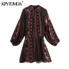 Kobiety moda z guzikami Paisley Print Mini sukienka Vintage Puff Sleeve Elastyczne talii sukienki Kobiece Vestidos 220526