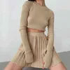 Autumn New Knitted Skirt Sets Women Solid Suits with Skirt Long Sleeve Slim Crop Sweater and Pleated Skirt Casual Matching Sets T220729