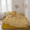 Koreanische Retro-Plaid-Spitze-Bettwäsche-Sets QueenKing-Size-Bettbezug-Set Flachbettbezug 4-teilige Bettrock-Sets 210309