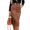 Elegant Faux Leather Woman Skirts Front Zipper Midi Skirt Sexy High Waist Split PU Leather Skirts Pocket Wrap Hip Bodycon Skirt 210315