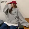 Jielur Orange Gray Sweatshirt Women MXL Fake Two Piece MXL Size Hoodie Female Loose Korean Fleece Streetwear Letter Embroidery 220812