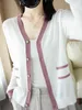 Spring And Summer New Ice Silk Knitted Cardigan Women V-neck Long-sleeved Contrast Color Air-conditioning Shirt Sunscreen Jacket L220706