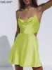 Spaghetti Strap Backless Satin Dress Sexy Cut Out Mini Summer es For Women Elegant Cowl Neck Party Green Black 220613