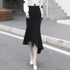 Kjolar kjol långa kvinnor sexiga fisktail kalvlängd vintage trumpet smal wrap höft asymmetrisk jupe femme svart botten e163skjolter