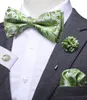 Hi-Tie Mint Green Silk Mens Bowtie näsduk manschettknappar brosch set fjäril knut båge för män bröllopskontor