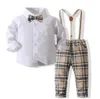 Baby Girls Gentleman Style Clothings Setes Spring Autumn Kids White Slave Long Slave com Bowtie Suspender Praid Pants 2pcs Conjunto de crianças roupas de menino