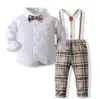 Ensemble de vêtements de style gentleman pour bébés garçons, chemise blanche à manches longues avec nœud papillon + pantalon à bretelles à carreaux, ensemble de 2 pièces pour enfants, tenue décontractée pour garçon 1-6T, printemps automne