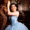 Nowe Lekkie Blue Quinceanera Dress Księżniczka Suknia Balowa Sweetheart Bez Rękawów 3D Kwiaty Koraliki Party Sweet 16 Vestidos DE 15 Años