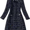 Stilista di moda blu navy scozzese con papillon T abito autunno inverno donna manica lunga bottoni bottoni abito corto di lana vintage 220317